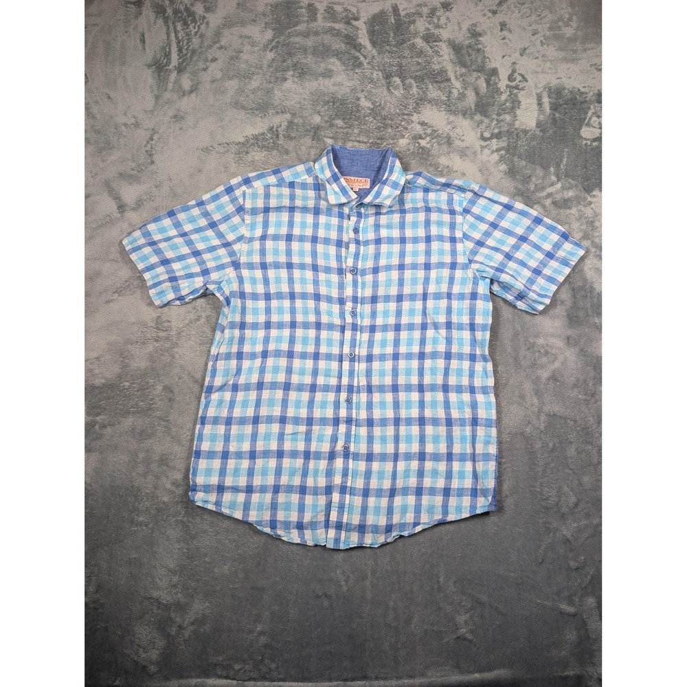 Inserch Shirt Mens Large Blue Check Short Sleeve Linen Button Up Casual